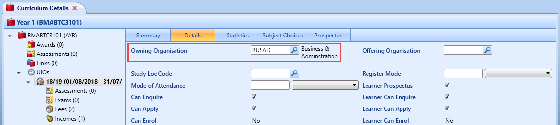 Owning Organisation field